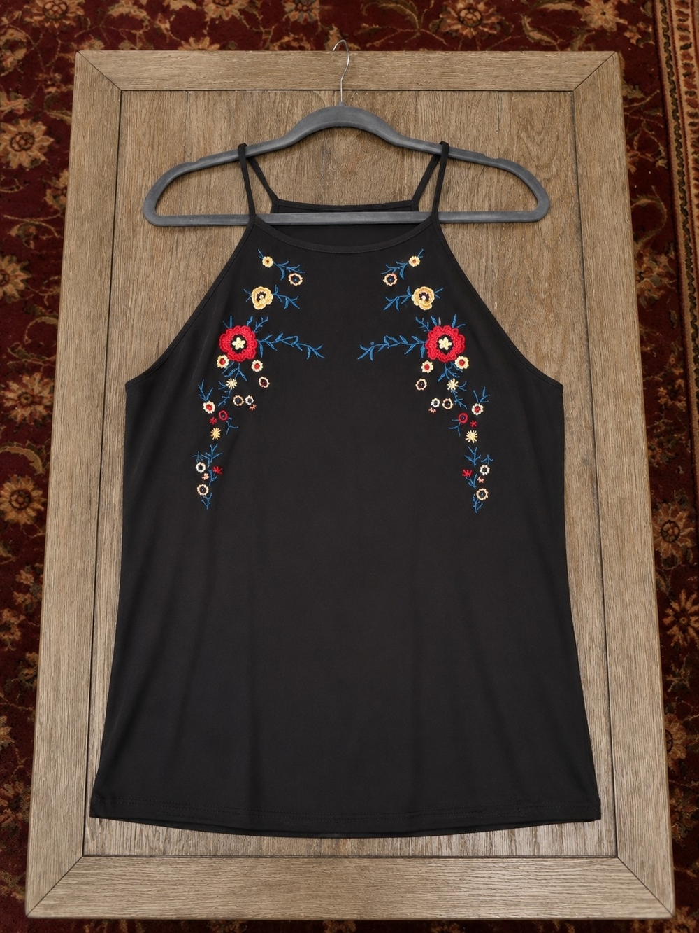 Black Floral Embroidered Halter Tank Top